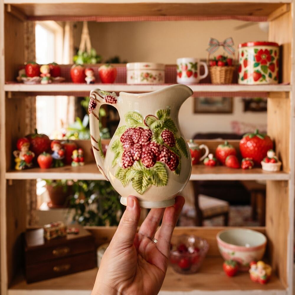 Vintage 1970s Ceramic Raspberry Pitcher | Majolica Style Fruit Design